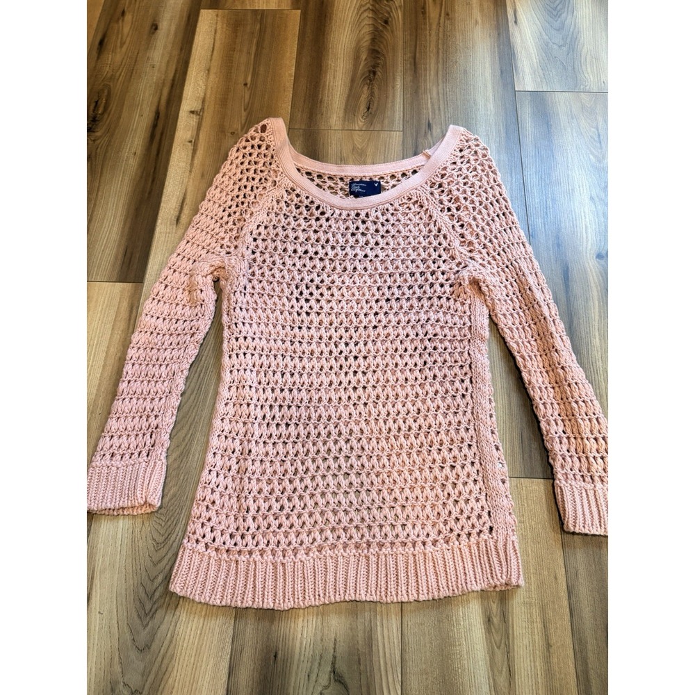 American Eagle Crochet Sweater Women's Large Pink Long Sleeve Cozy Loose Knit